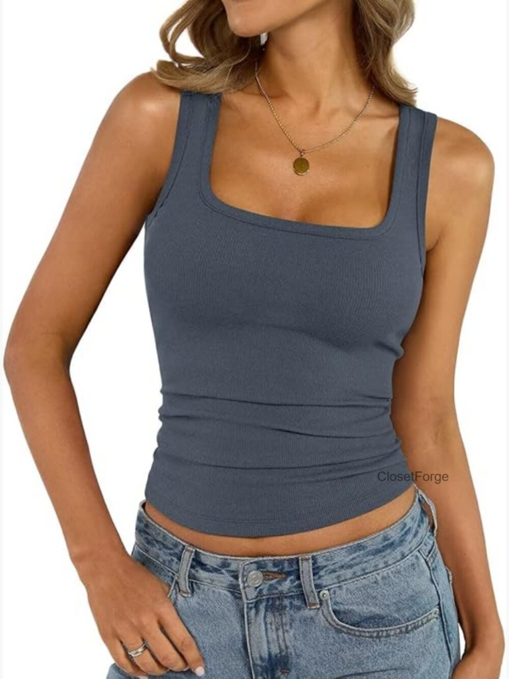 Women's Ribbed Square Neck Tank Top Summer Fitted Cami